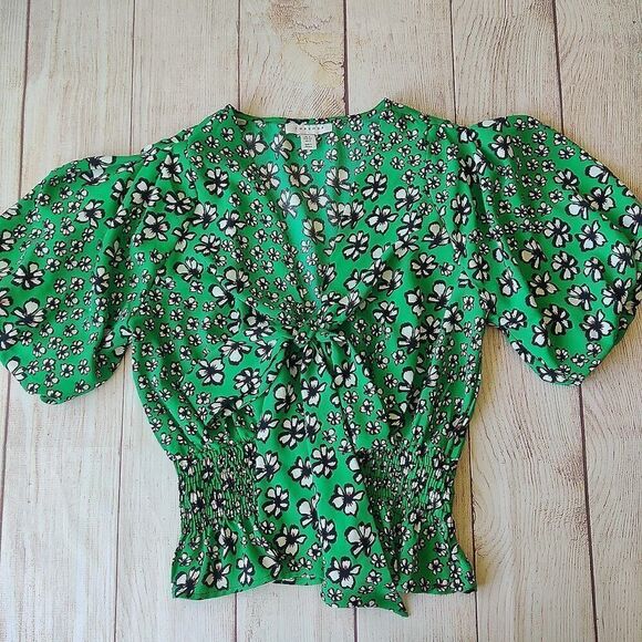 Topshop Green Tie Neck Short Sleeve Floral Top sz 2 - Picture 8 of 12